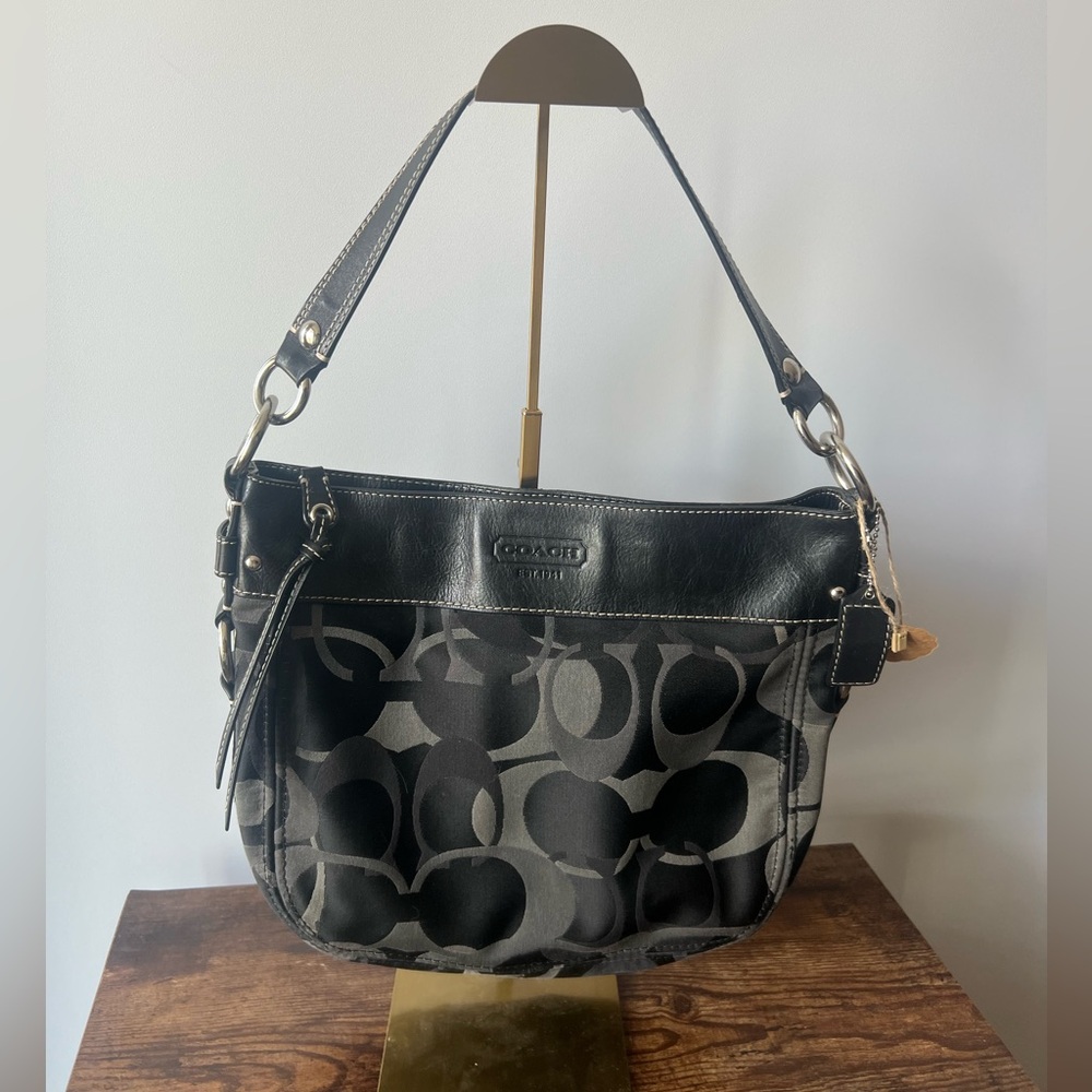 Authentic Coach Black and Gray Shoulder Bag with Signature Monogram